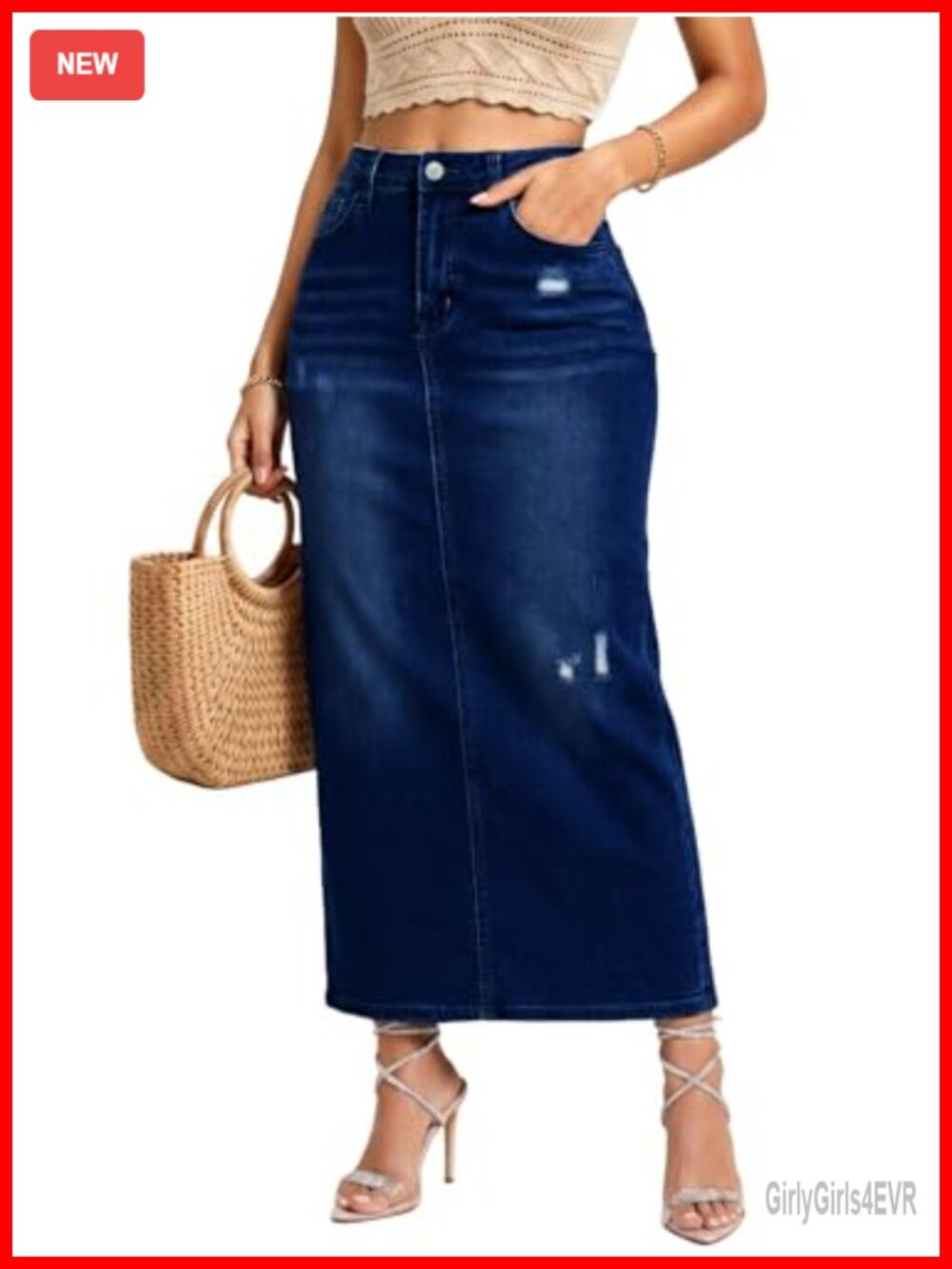 Women's High Waisted Long Denim Skirt Distressed Back Slit Stretch